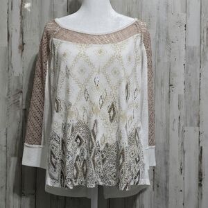 Miss Me Cream Tan Button Back 3/4 Sleeve Embellished Western Boho Y2K Top Medium
